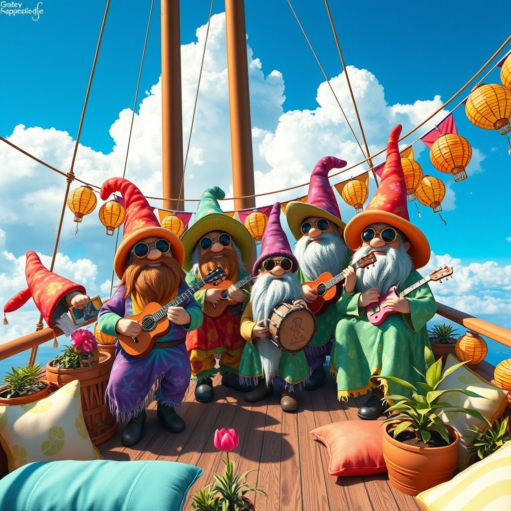 A whimsical scene featuring multiple hippie gnomes on the main deck of an airship
