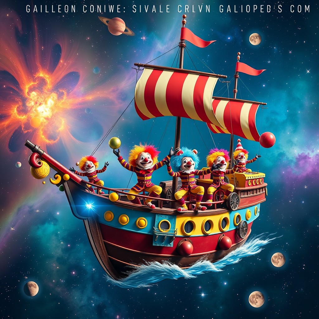A colorful and whimsical galleon ship set in space, with vibrant stars and nebulae in the background