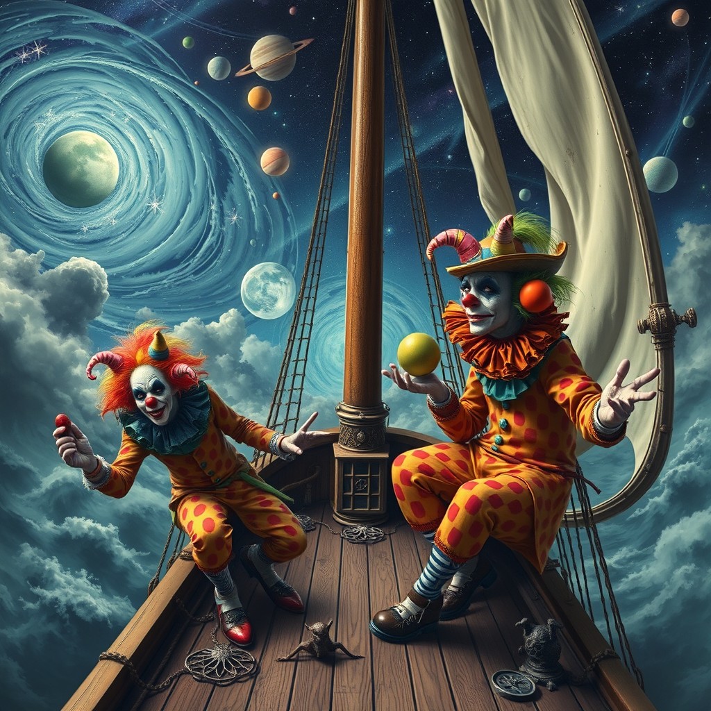 A dramatic and surreal scene depicting D&D-inspired psycho space clowns aboard a realistic galleon ship