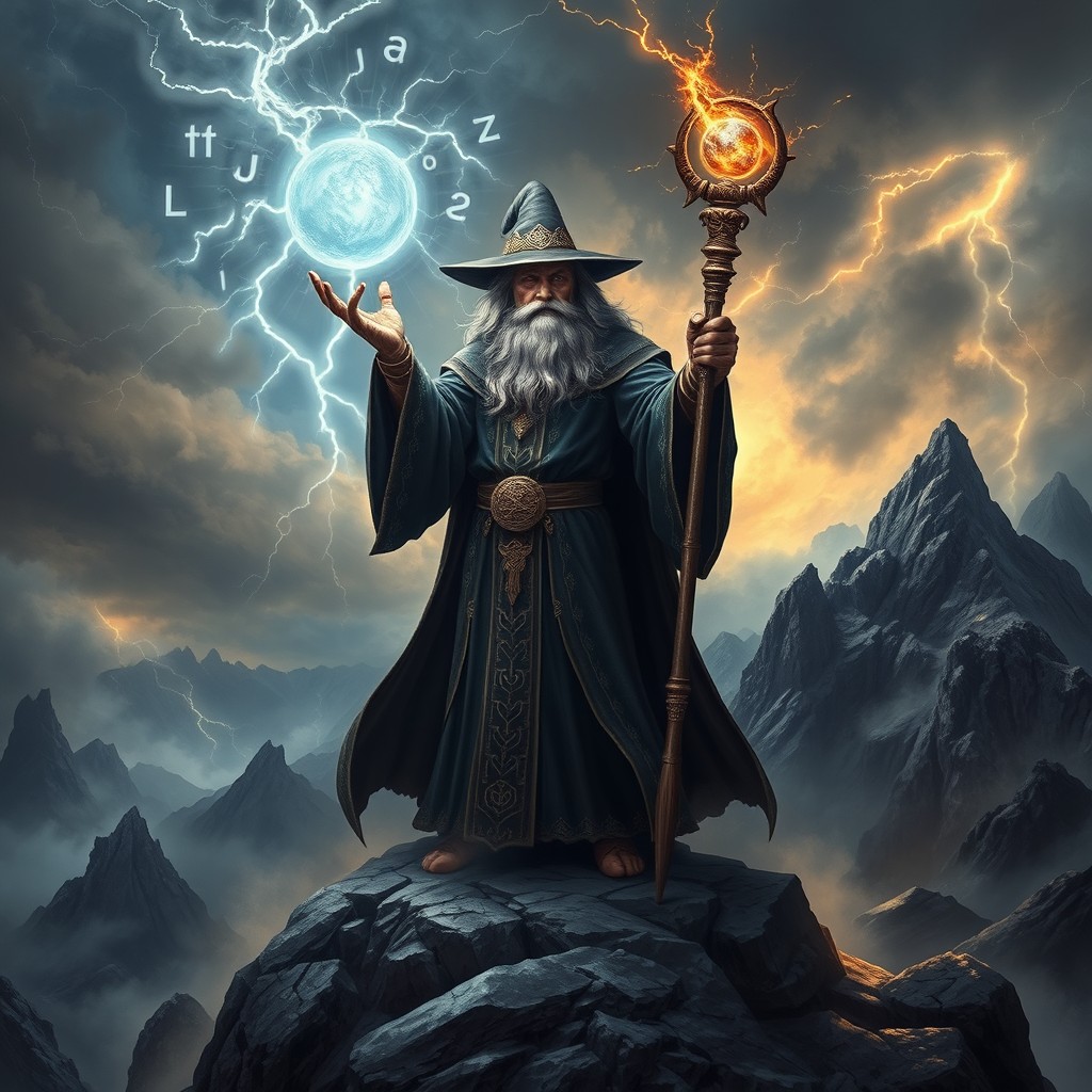 A powerful wizard standing atop a rocky peak, surrounded by swirling clouds and flashes of lightning