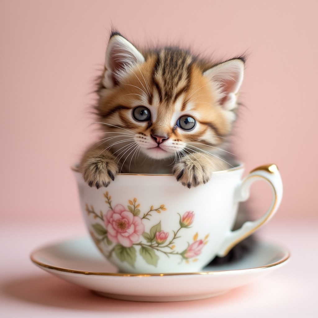 A raw photograph of a cute fluffy kitten sitting snugly inside a delicate porcelain teacup, with its big expressive eyes looking playfully at the camera