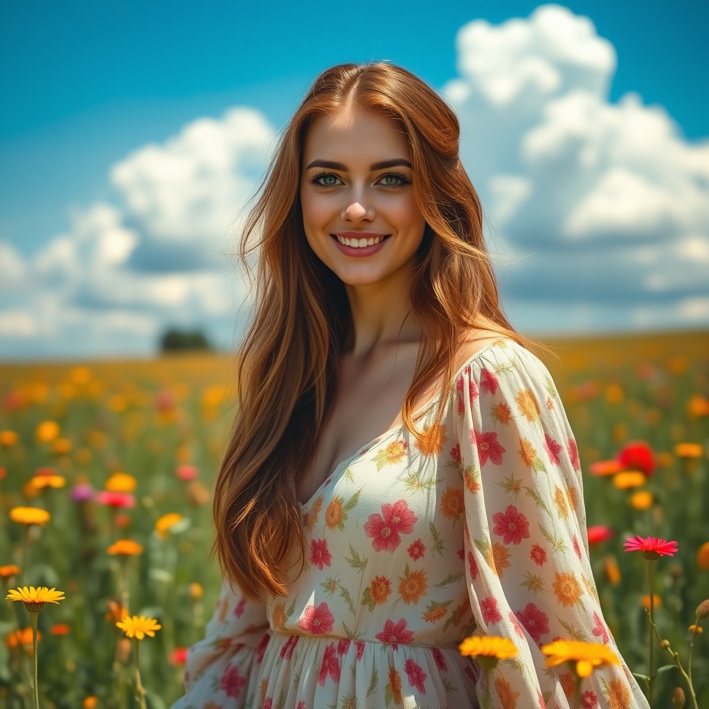 A striking portrait of a woman named Lorna, characterized by her long, flowing chestnut hair and captivating emerald green eyes