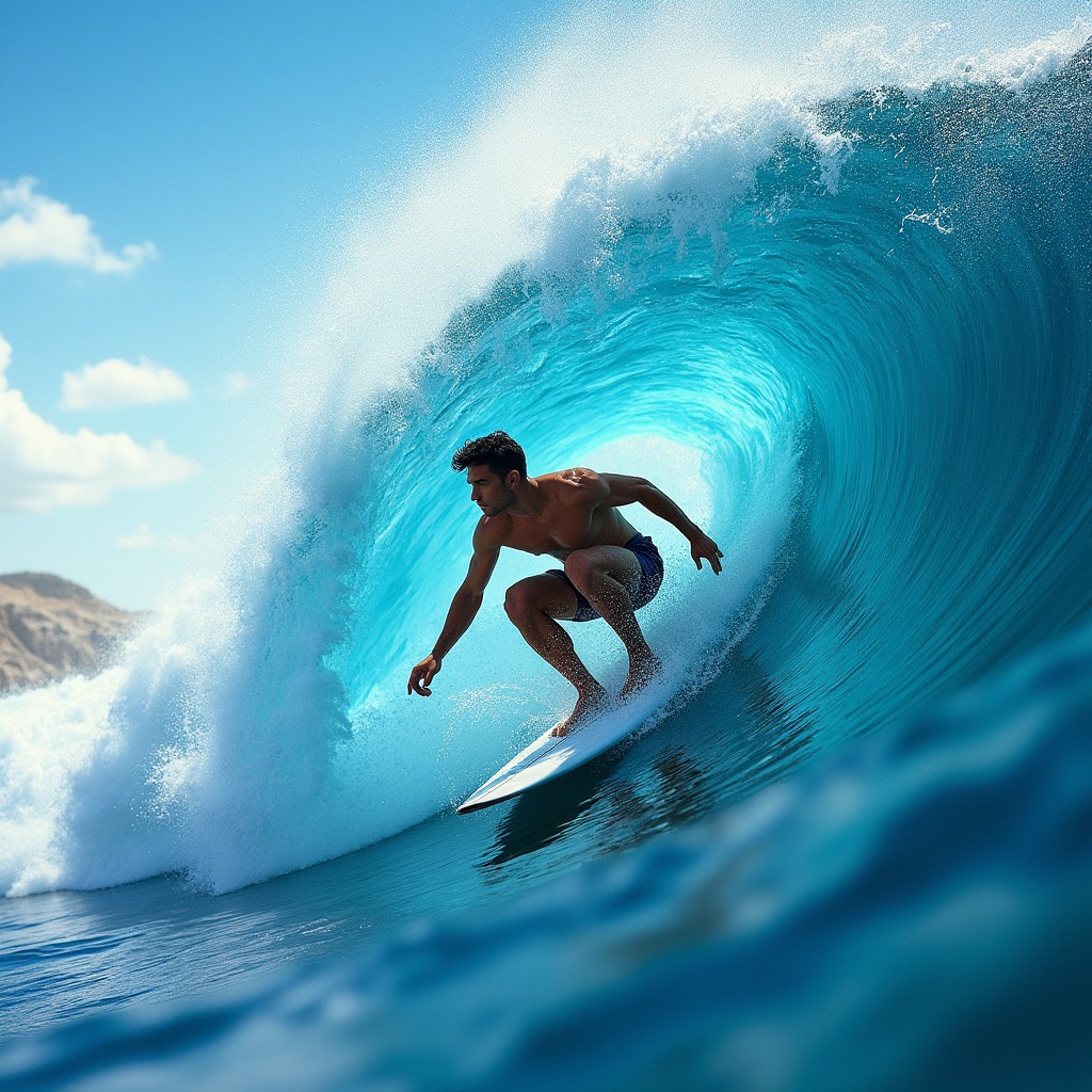 A dynamic scene featuring a surfer expertly riding a massive, cresting wave