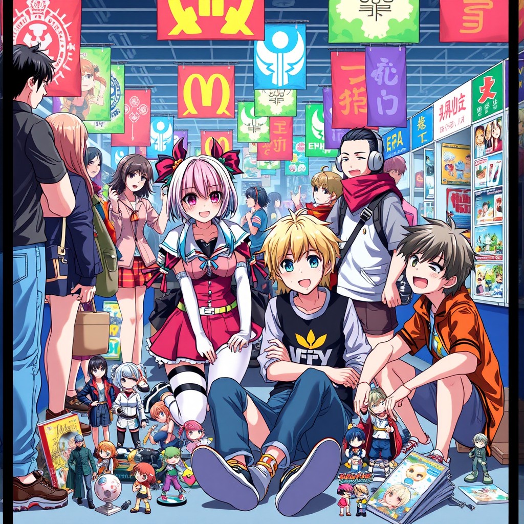 An exciting and colorful scene featuring a group of anime lovers gathered at a vibrant anime convention