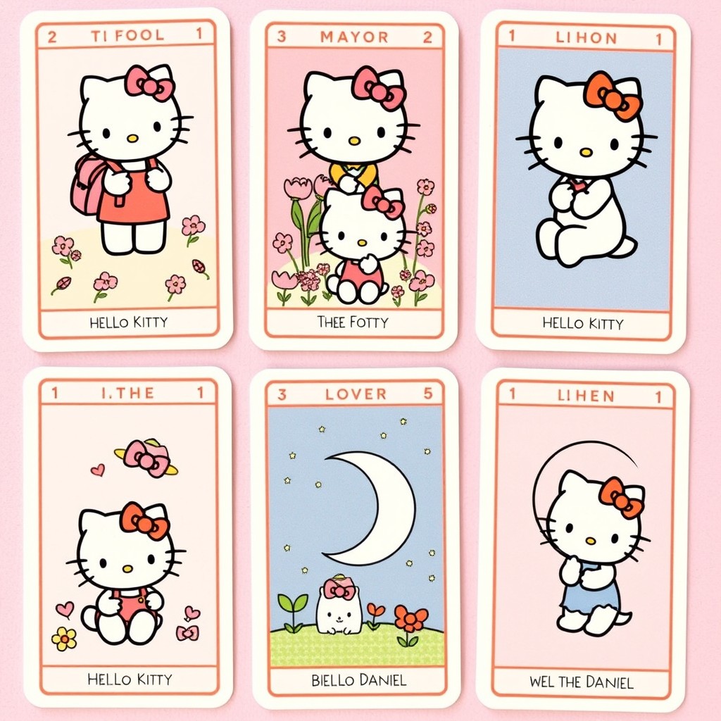 A unique set of tarot cards featuring a Hello Kitty theme, each card adorned with Hello Kitty and friends in various poses, embodying elements of the original tarot card meanings