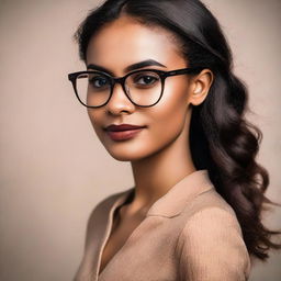 Portrait of a confident brown-skinned girl with stylish eyeglasses on a neutral background.