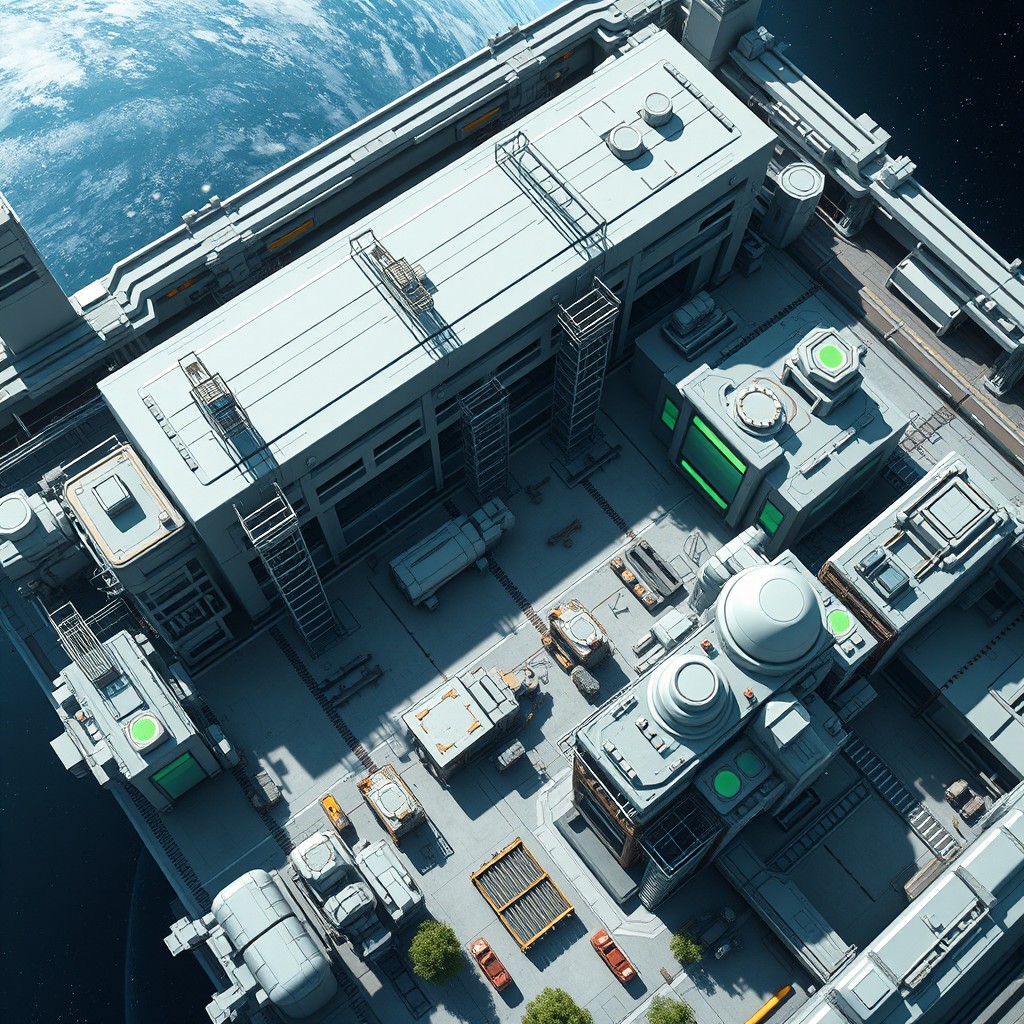 A top-down view of a futuristic space colony's major construction yard, featuring large industrial buildings and equipment