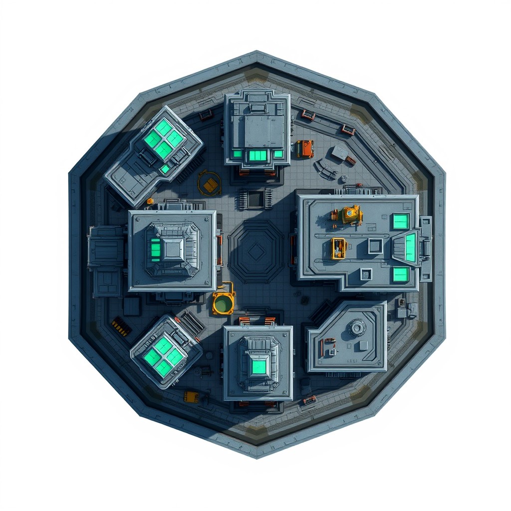 A strong top-down view of a major building construction yard within a futuristic space colony, designed in a hexagonal shape