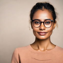 Portrait of a confident brown-skinned girl with stylish eyeglasses on a neutral background.