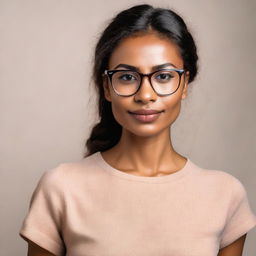 Portrait of a confident brown-skinned girl with stylish eyeglasses on a neutral background.