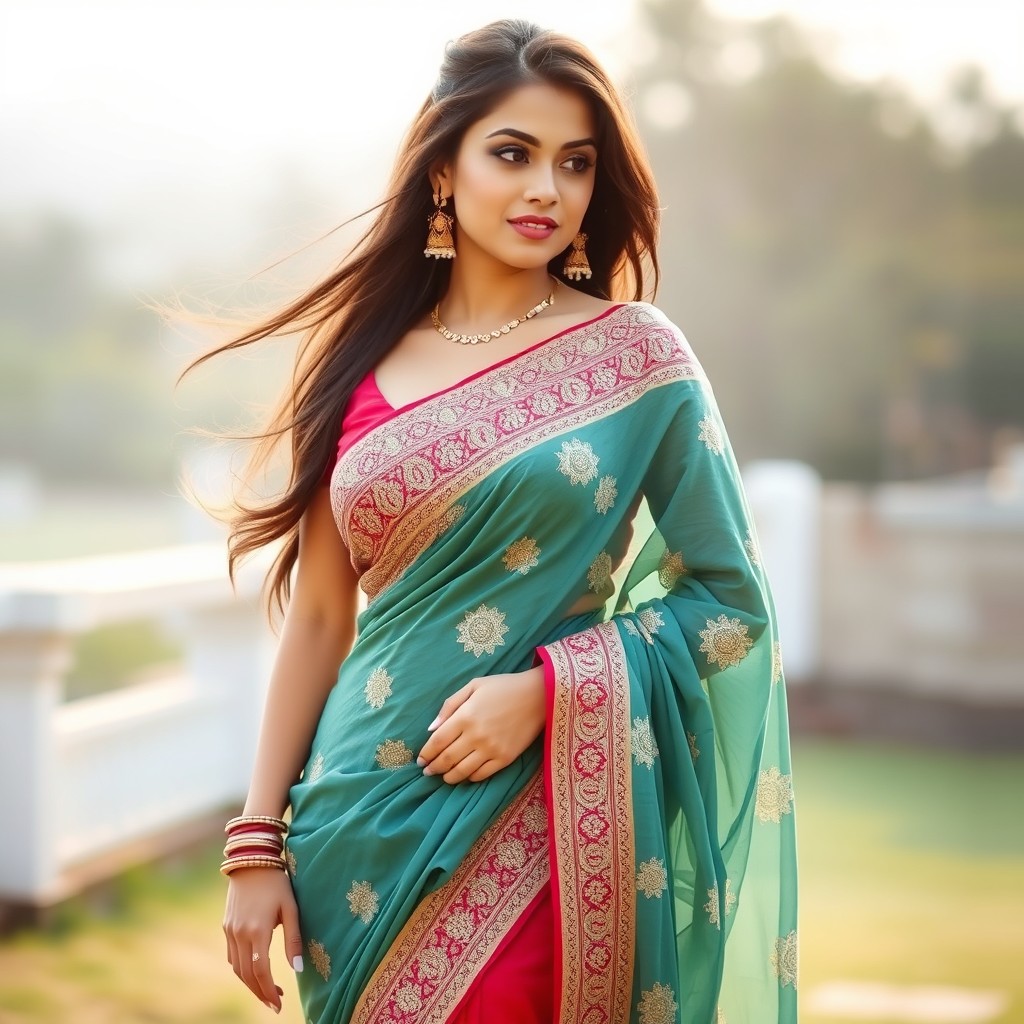 A stunning young woman in an elegant saree that features intricate designs and embellishments, emphasizing her curves