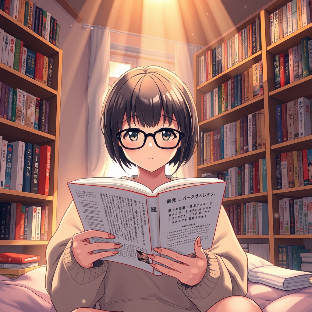 A cozy anime style cover art featuring a cute anime girl with glasses, intently reading a light novel while holding the book open