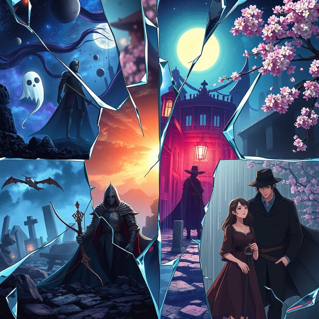 A high-quality anime style split-screen collage background featuring a cosmic web of sharp glass shards and broken mirror fragments, with each shard showcasing a distinct genre world and character