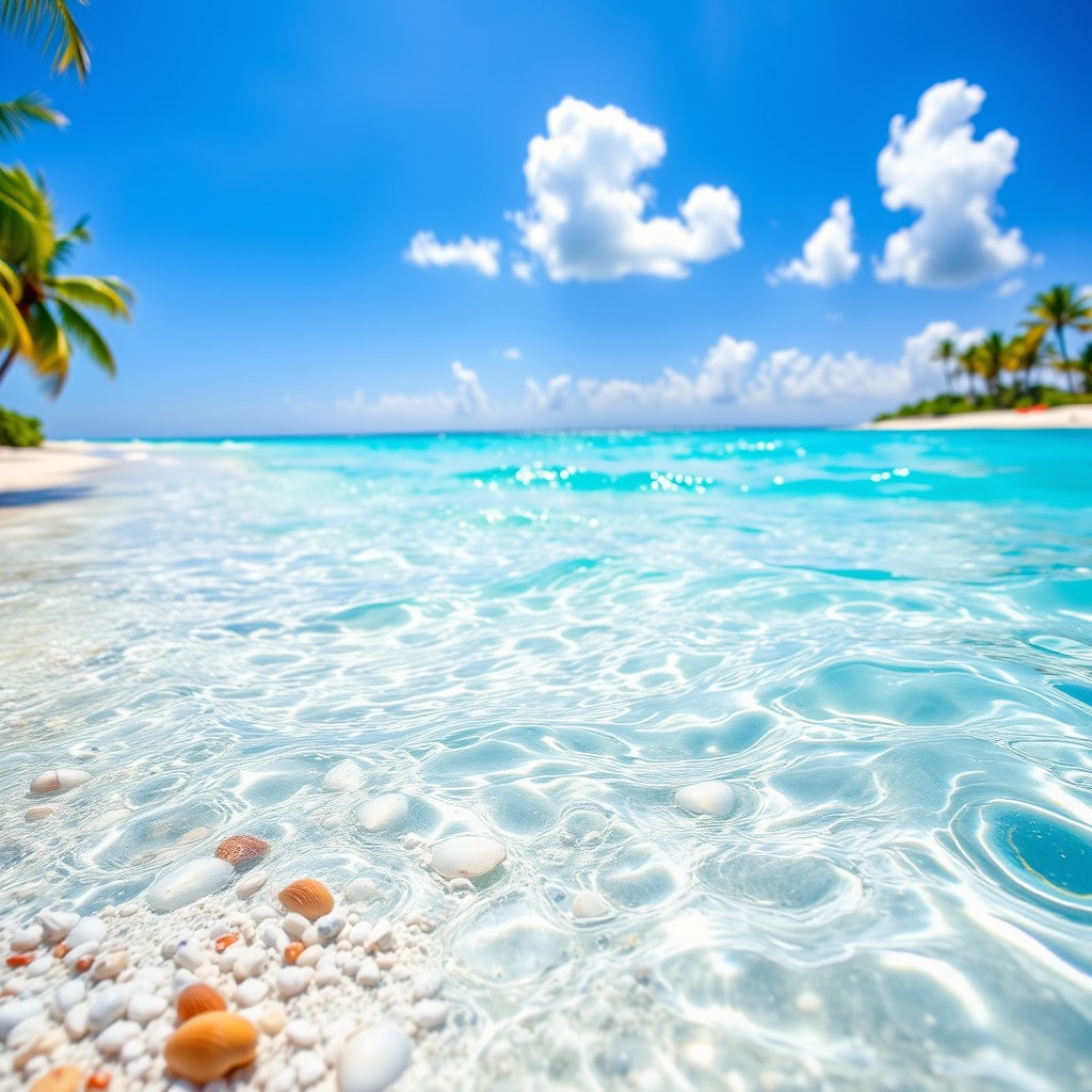 A vibrant ocean scene showcasing crystal clear turquoise water gently lapping against a pristine sandy beach