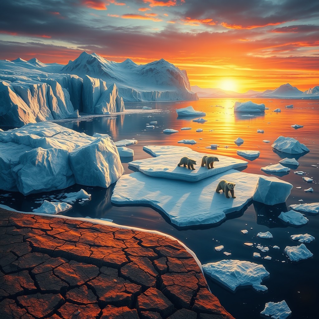 A visually striking representation of climate change focusing on the dramatic melting of ice on both land and sea
