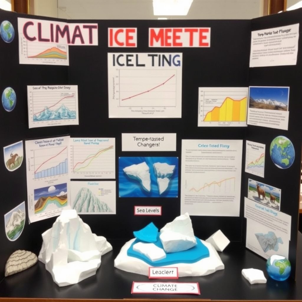 A science project display on climate change, illustrating the effects of ice melting on both land and sea