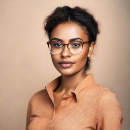 Portrait of a confident brown-skinned girl with stylish eyeglasses on a neutral background.