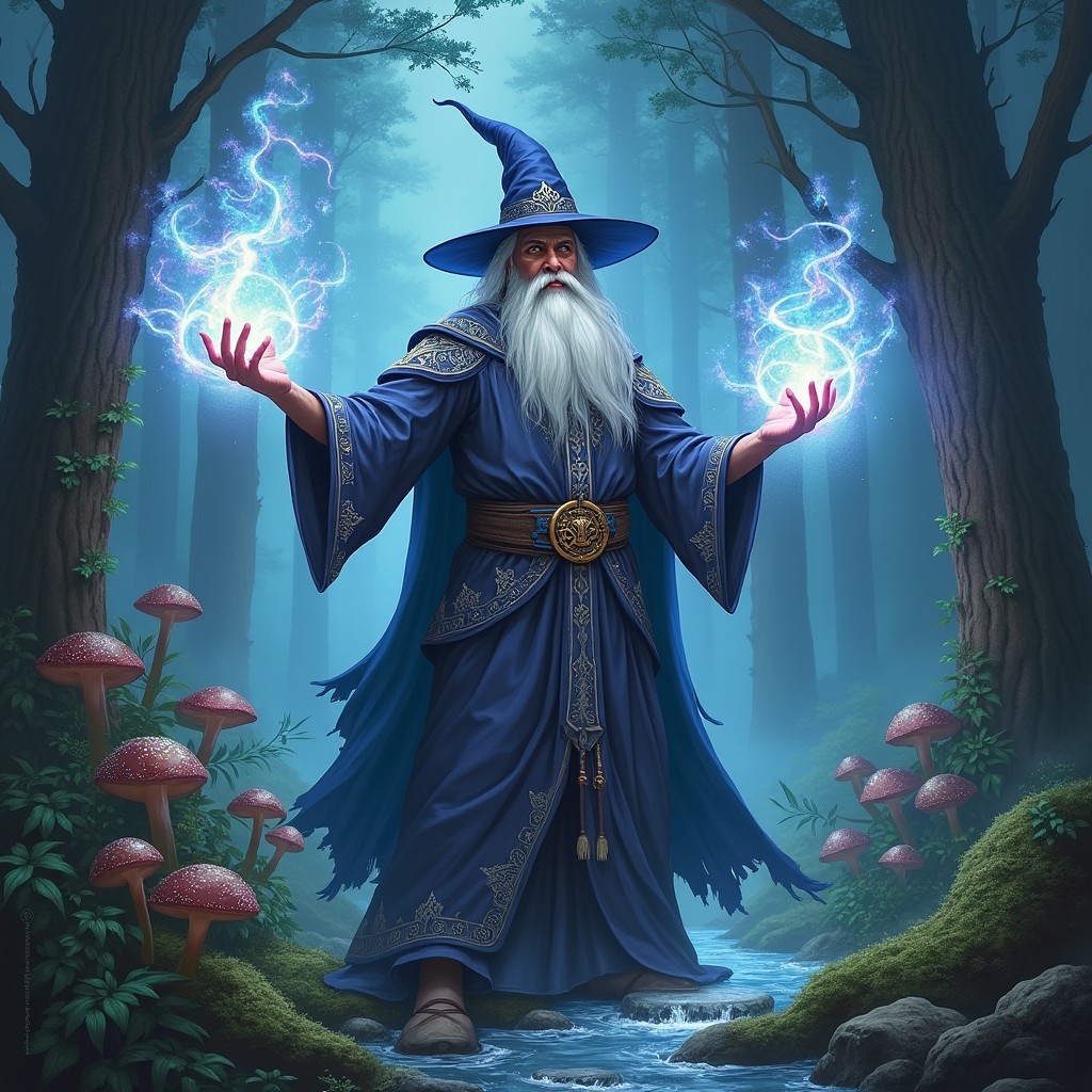 A powerful wizard standing in a mystical forest, casting a spell with vibrant, swirling energies emanating from his hands