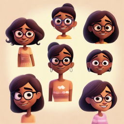 A series of Pixar-style character illustrations of the same dusky-skinned girl with eyeglasses, each displaying a different emotion.