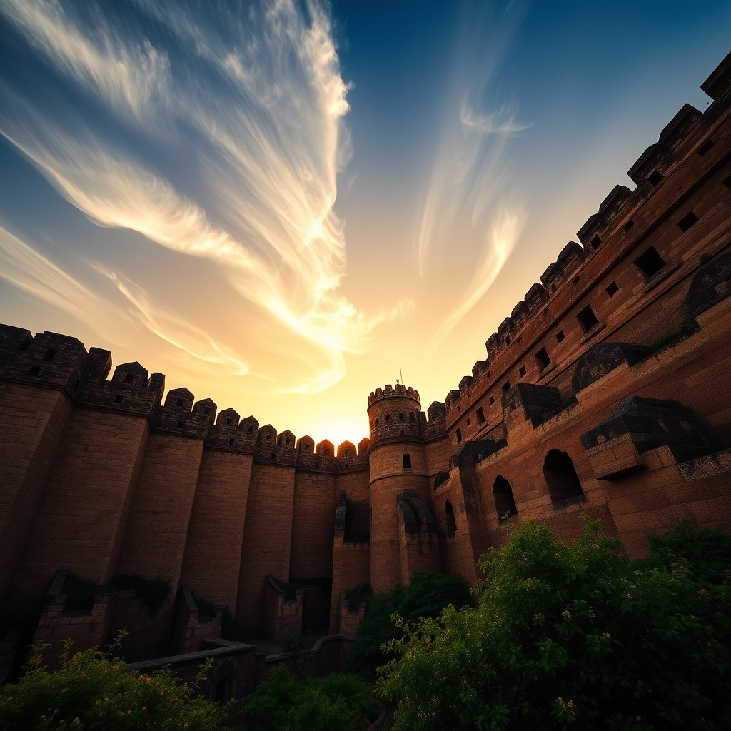 A majestic wide shot of the grand walls of Rohtas Fort in Pakistan, showcasing its formidable historical architecture bathed in the golden light of sunrise or sunset