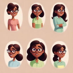 A series of Pixar-style character illustrations of the same dusky-skinned girl with eyeglasses, each displaying a different emotion.