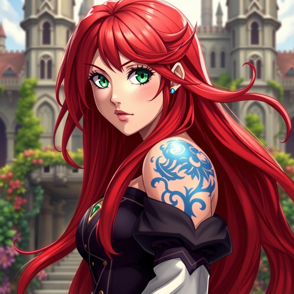 Erza Scarlet, a beautiful princess with flowing red crimson hair cascading down her shoulders, features striking green eyes that sparkle with determination