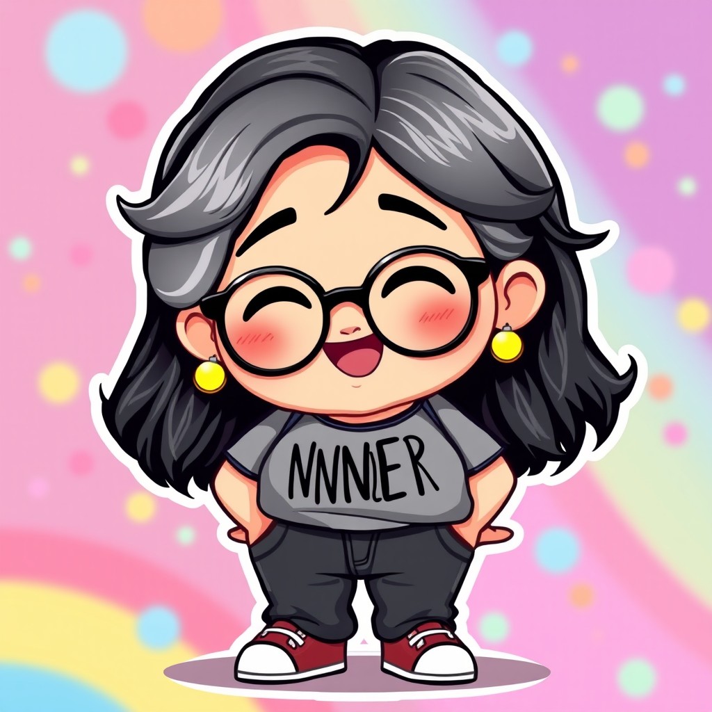 A bitmoji style illustration of a chubby, older, nerdy lady with dark hair that has a few streaks of gray