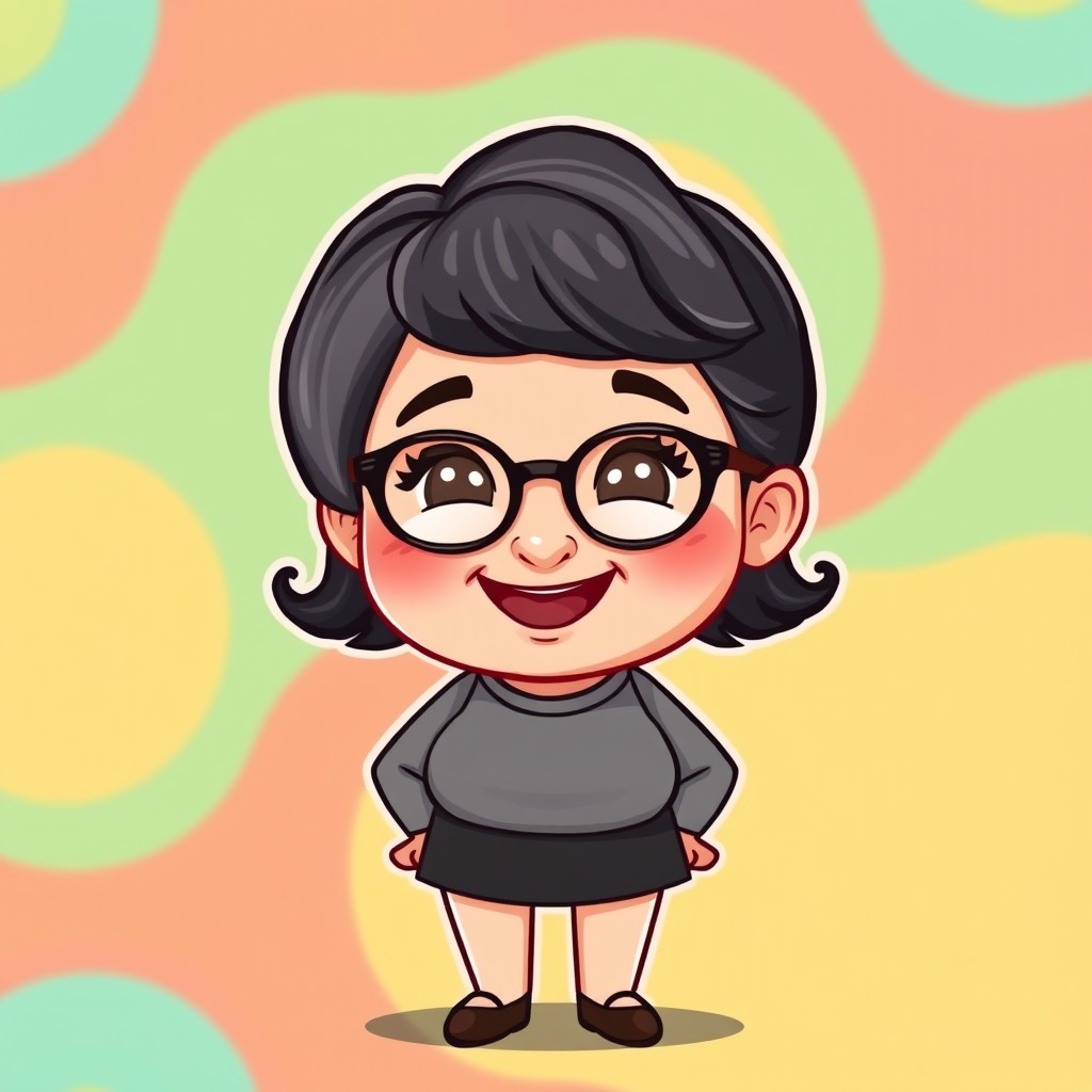 A bitmoji style illustration of a chubby, older, nerdy lady with dark hair featuring a small amount of gray