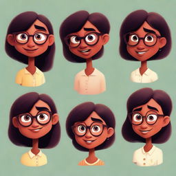 A series of Pixar-style character illustrations of the same dusky-skinned girl with eyeglasses, each displaying a different emotion.