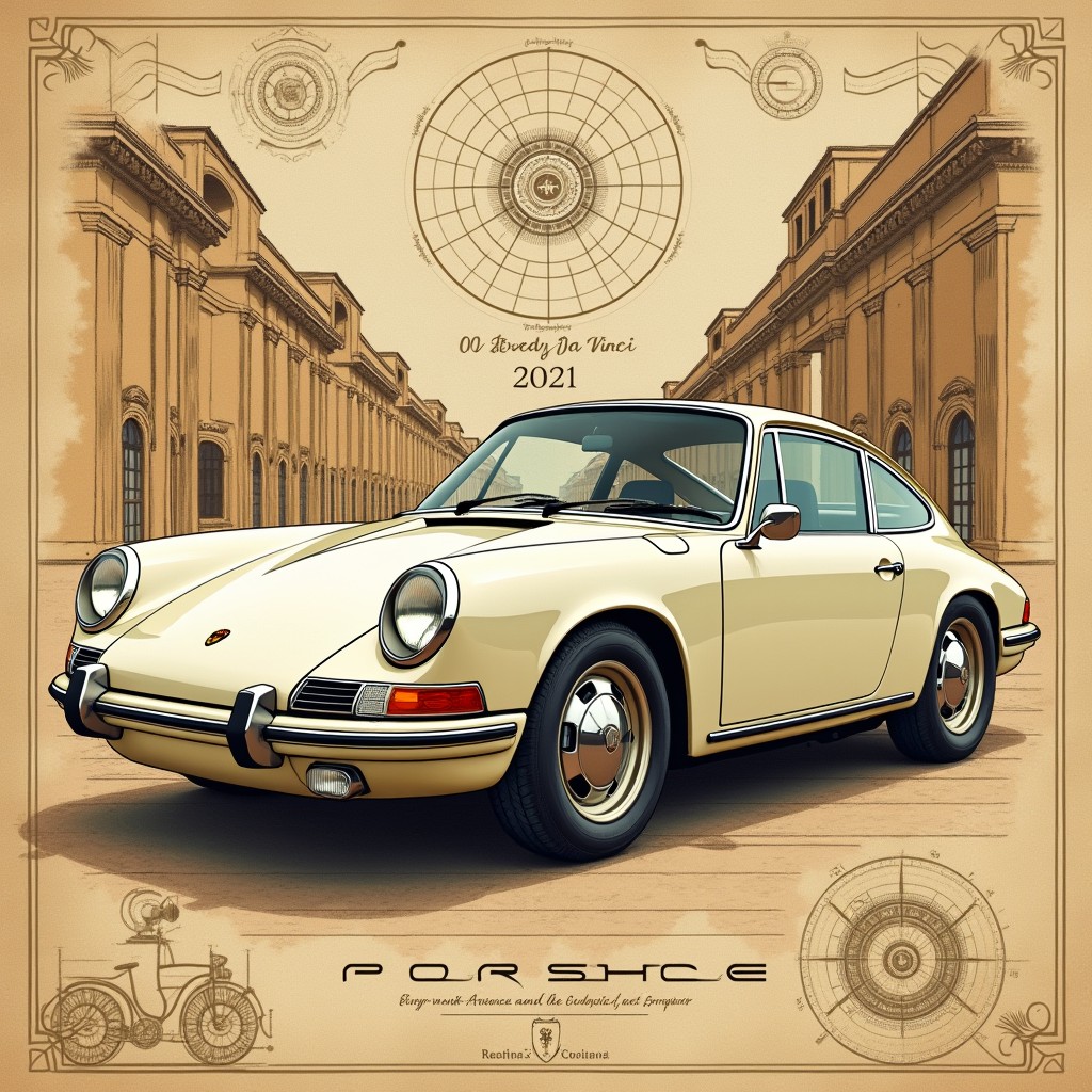 A stunning poster featuring a classic Porsche 911, designed in the artistic style of Leonardo da Vinci