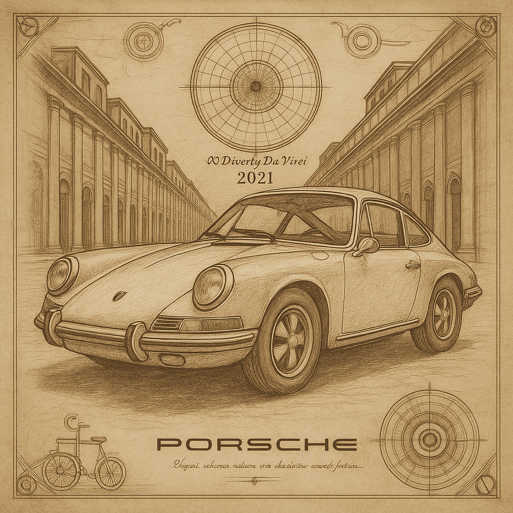A beautifully crafted poster featuring a classic Porsche 911 in Da Vinci's artistic style