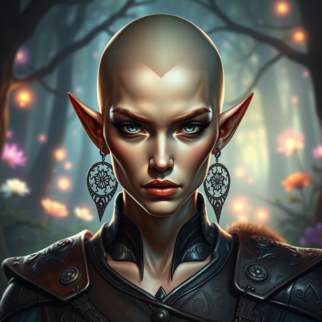 A striking female elf with a shaved head, exuding a serious expression