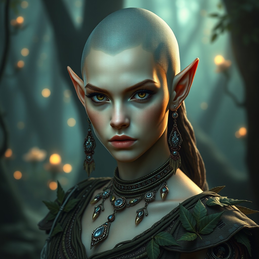 A captivating female elf with a shaved head, showcasing a serious expression