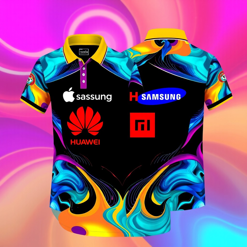 A full sublimation polo shirt design meant for a mobile technician, incorporating vibrant colors and dynamic patterns