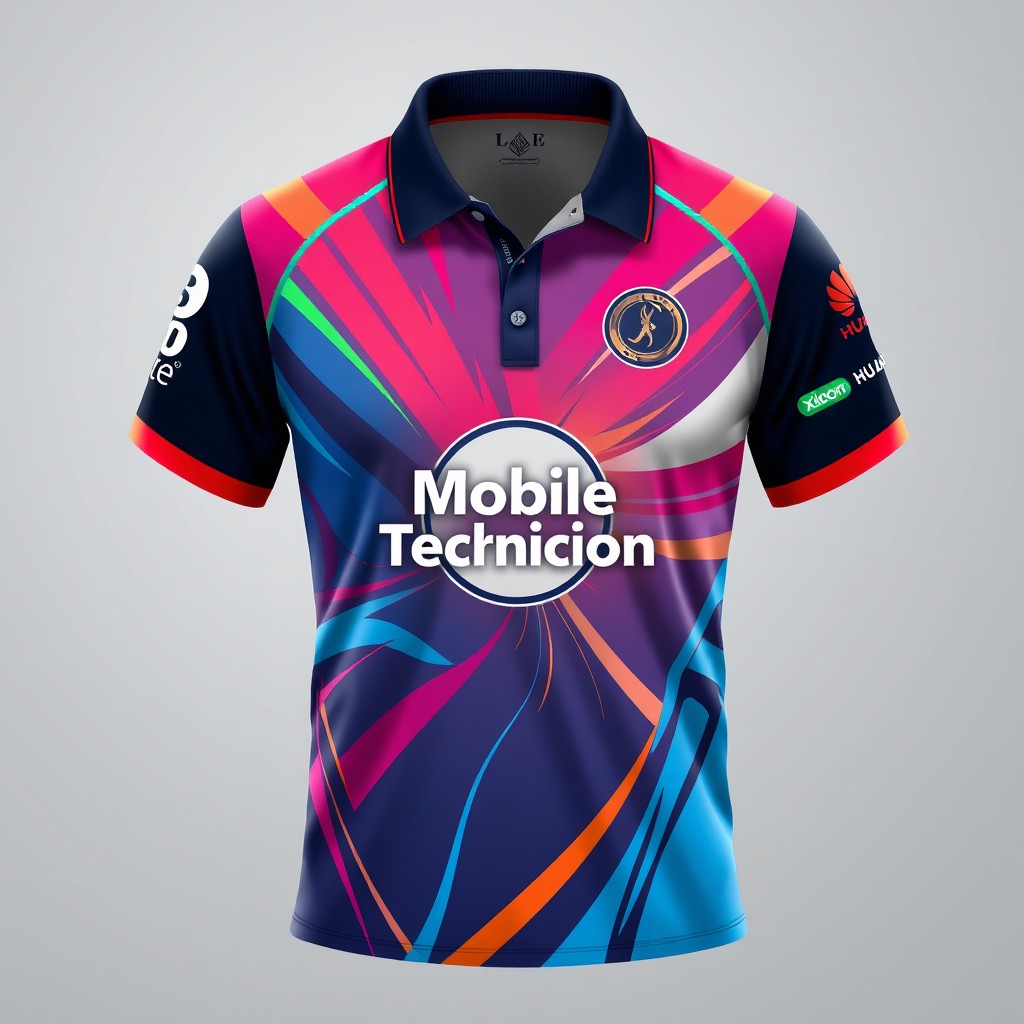 A full sublimation polo shirt design for a mobile technician, prominently featuring the mobile technician logo in a large, eye-catching format located at the center of the chest