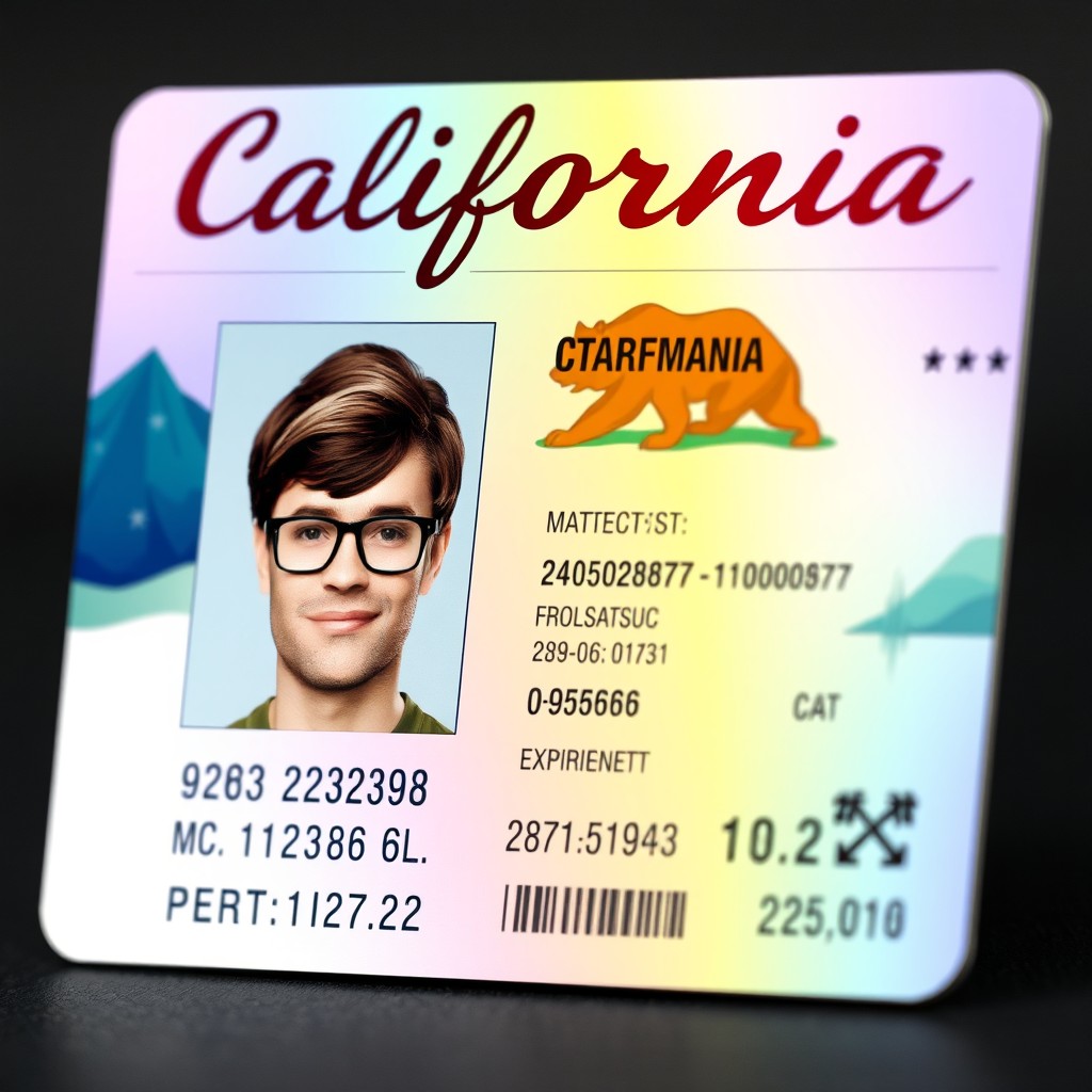 A realistic USA ID card design featuring all the essential elements: a clear photo of a male subject with brown hair and glasses, an address line with a fictional location, a unique identification number, date of birth, and expiration date, a holographic overlay showing security features, the state name 'California' at the top in bold letters, a colorful background incorporating elements of California's landscapes, and using a sleek, professional font for all text