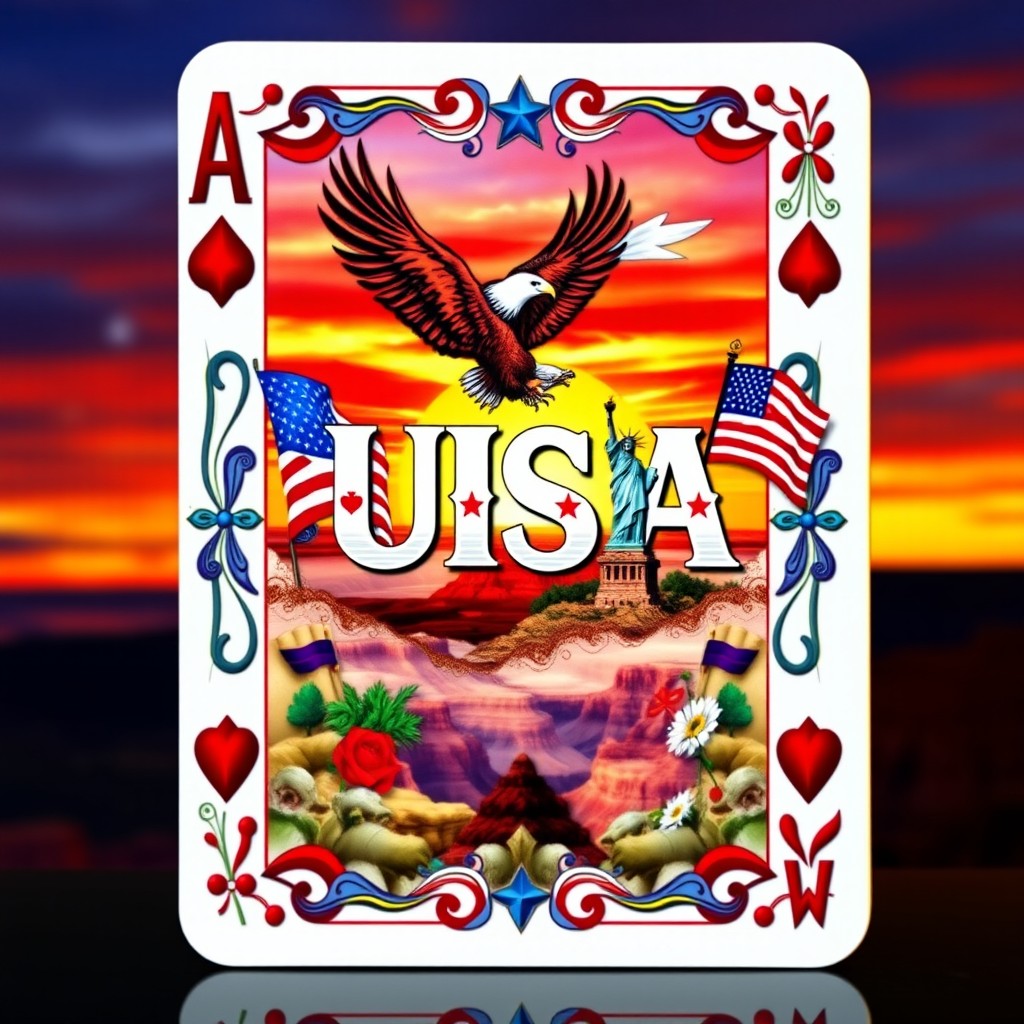 A beautifully designed playing card featuring the USA as a central theme