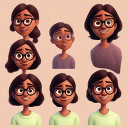 A series of Pixar-style character illustrations of the same dusky-skinned girl with eyeglasses, each displaying a different emotion.