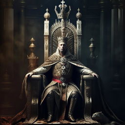 A majestic king seated on a grand and ornate throne, adorned with sumptuous regalia and a commanding air of authority.