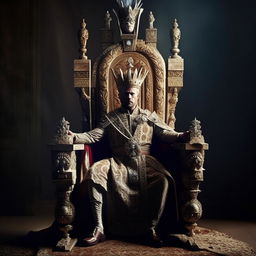 A majestic king seated on a grand and ornate throne, adorned with sumptuous regalia and a commanding air of authority.