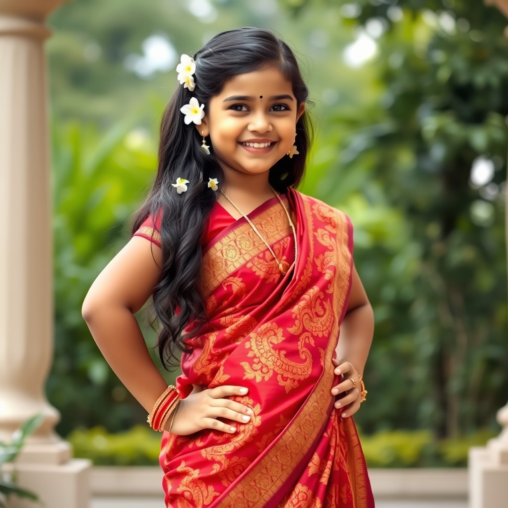 A full-body portrait of a chubby Tamil South Indian girl in traditional attire, smiling confidently