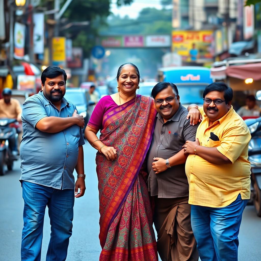 An Indian aunty standing confidently in the middle of a bustling road, dressed in a colorful, traditional saree with detailed patterns