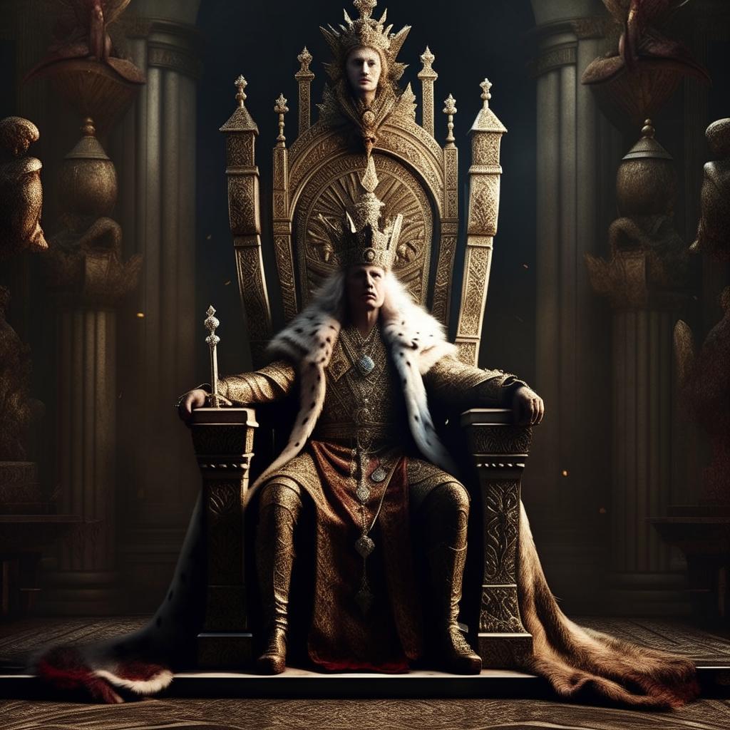 A majestic king seated on a grand and ornate throne, adorned with sumptuous regalia and a commanding air of authority.