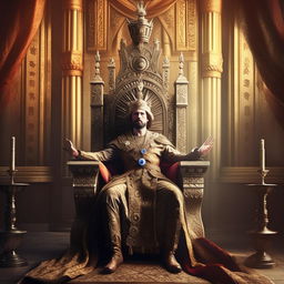 A majestic king seated on a grand and ornate throne, adorned with sumptuous regalia and a commanding air of authority.