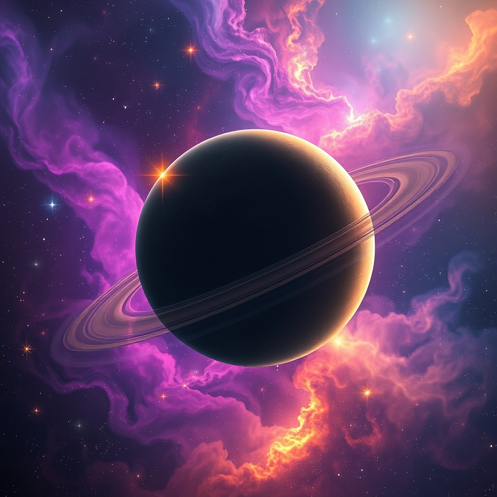 A mesmerizing view of a galaxy with vibrant colors and swirling stars, featuring a prominent planet with intricate surface details and stunning rings