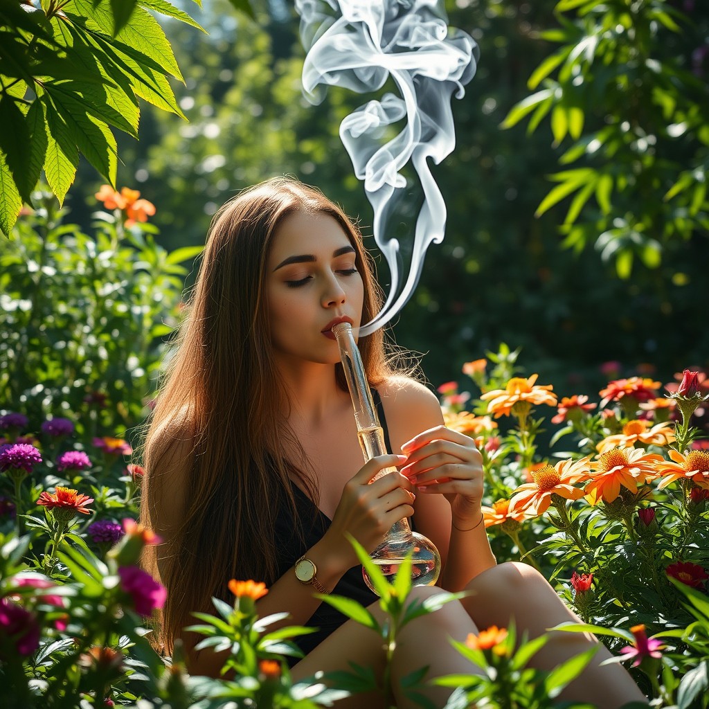 A serene moment capturing the essence of deep inhalation of weed smoke, with a person seated in a lush, green garden surrounded by vibrant flowers