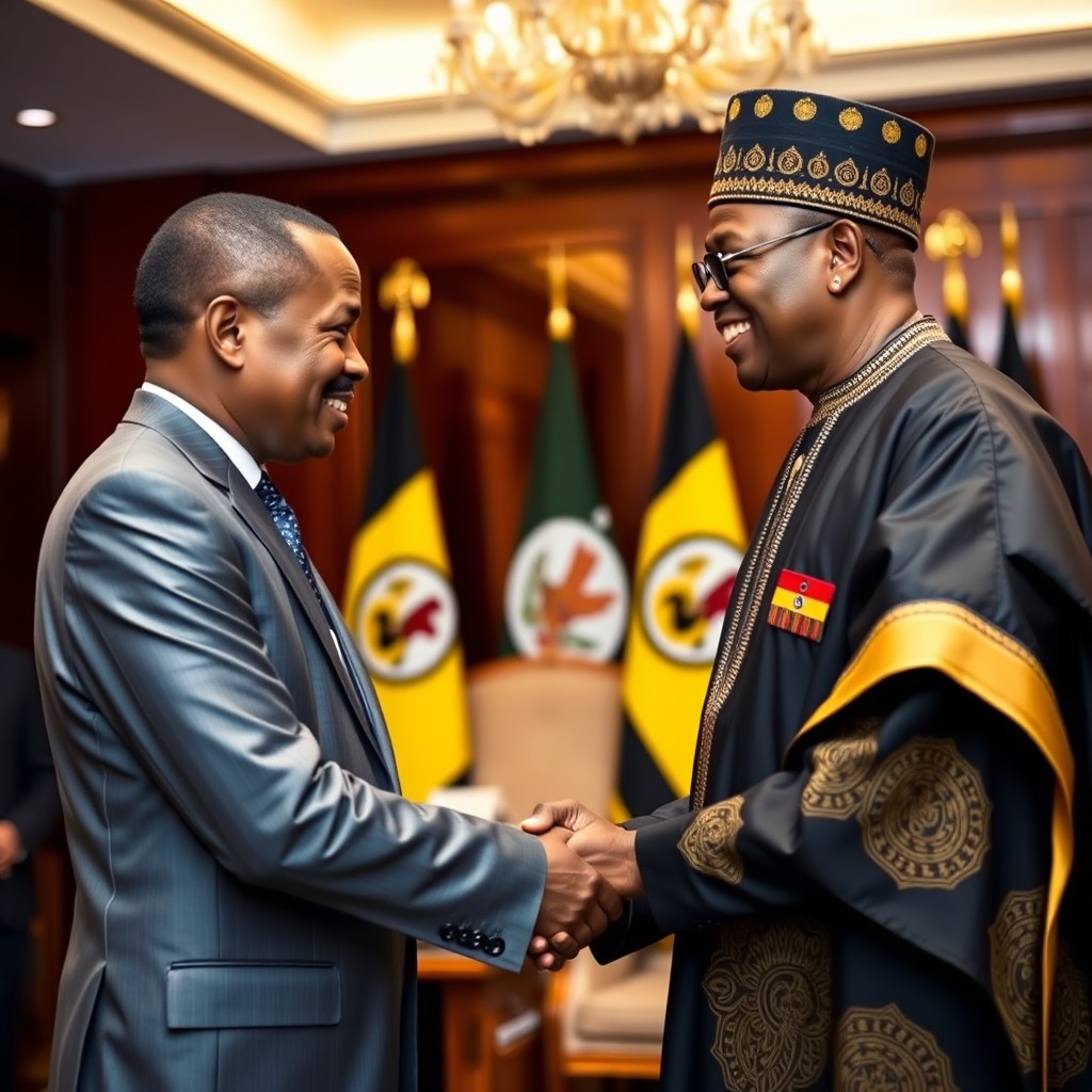 A formal and respectful scene depicting an individual, dressed in a smart business suit, shaking hands with the President of Uganda in a grand office setting