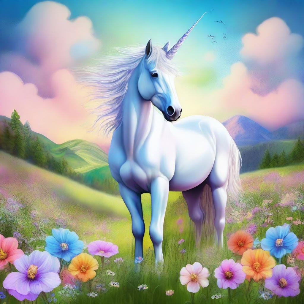 An enchanting digital art piece capturing a majestic unicorn standing in a blooming meadow during the month of May