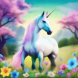 An enchanting digital art piece capturing a majestic unicorn standing in a blooming meadow during the month of May