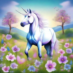 An enchanting digital art piece capturing a majestic unicorn standing in a blooming meadow during the month of May